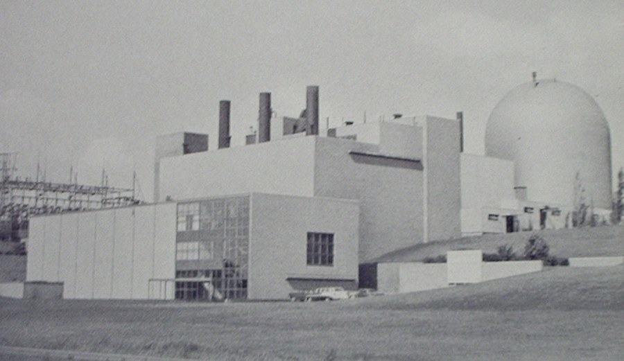 The Elk River nuclear power plant, with its domed reactor building beside the turbine hall